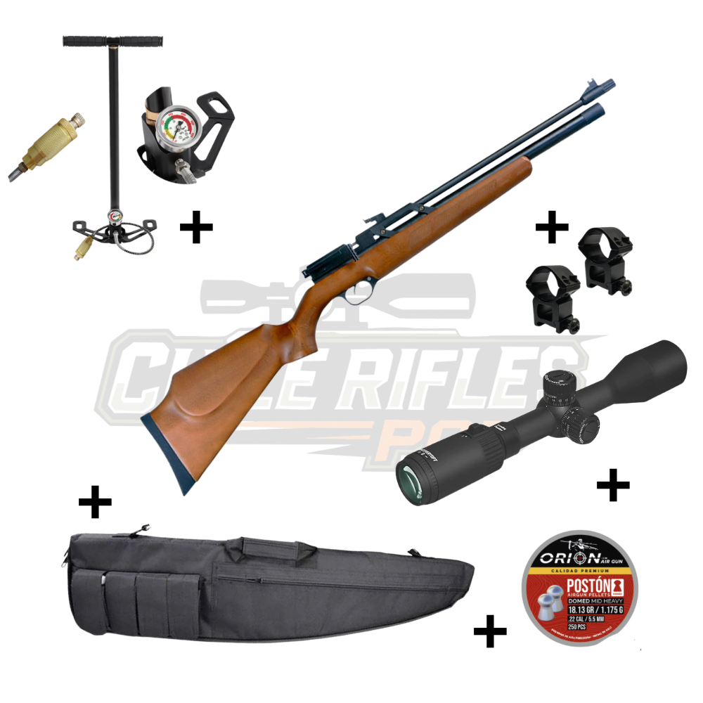 Kit PCP Orion QL-1000 Madera Calibre 5.5 con mira Discovery, monturas, bombín, funda y postones Orion