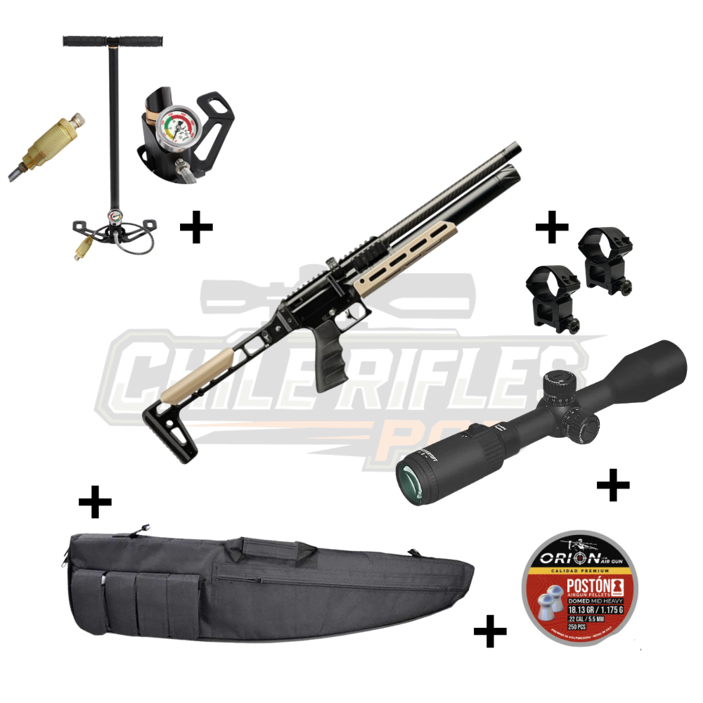 Kit PCP AP900 Calibre 5.5 táctico con mira Discovery, monturas, bombín, funda y postones Orion