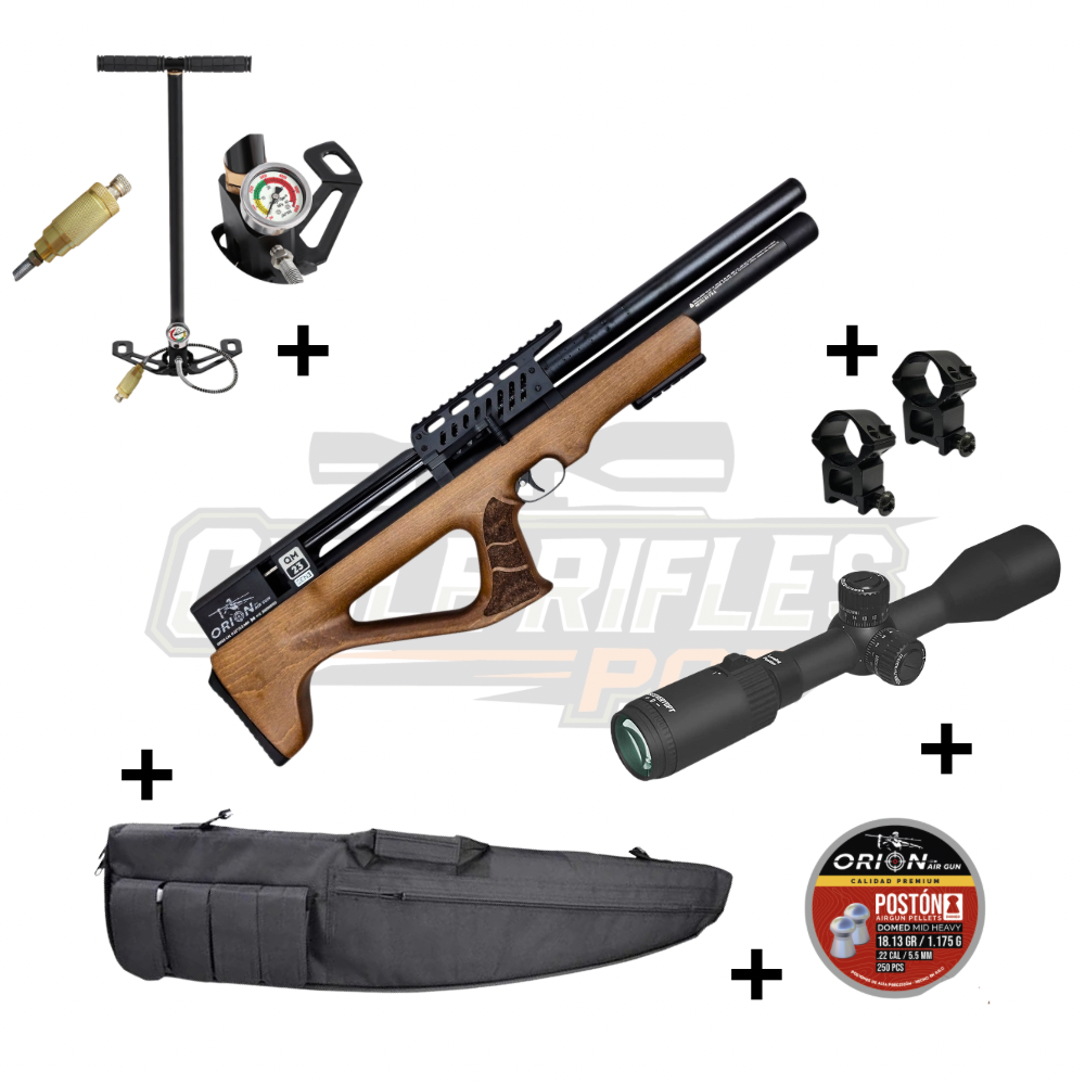 Kit PCP QM23 Calibre 5.5 bullpup con mira Discovery, monturas, bombín, funda y postones Orion