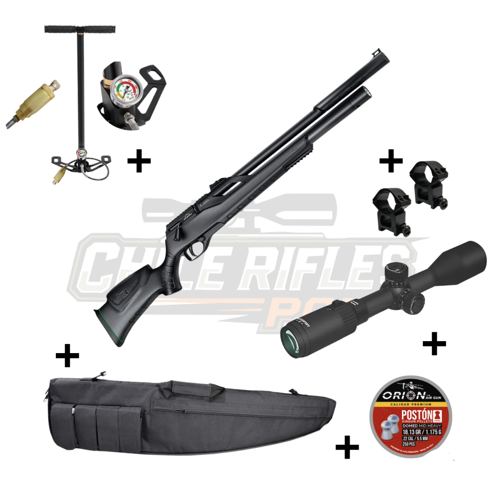Kit PCP T-Rex Carabina Calibre 5.5 con mira Discovery, monturas, bombín, funda y postones Orion